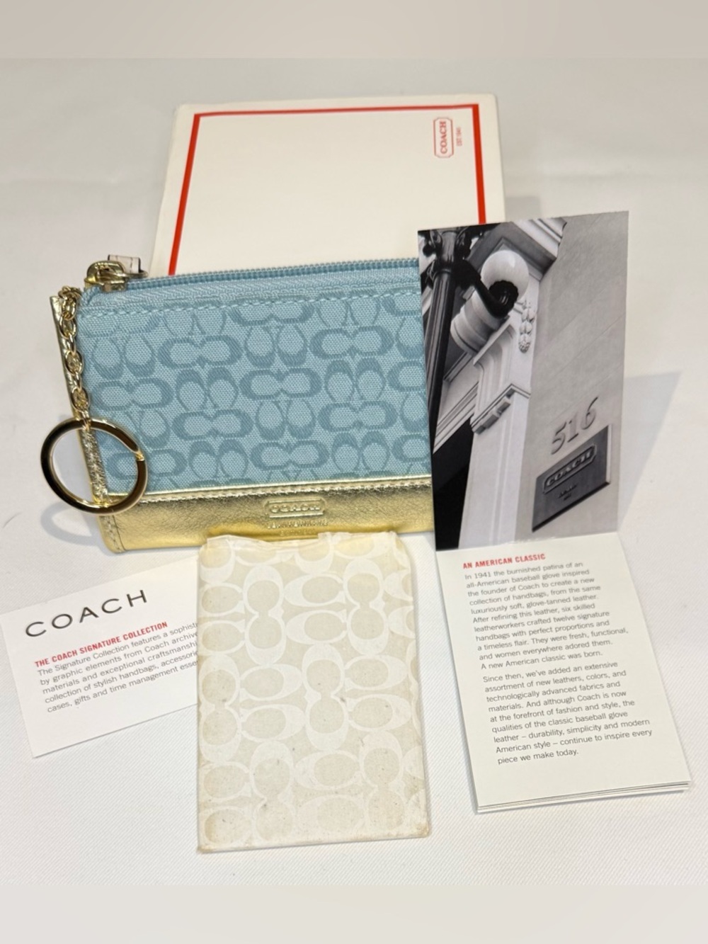 Coach Light Blue Signature Key Card Holder with Gold Accent Vintage NWT